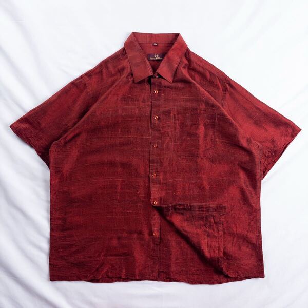 Euro Vintage 80s Harry William ポリエステル 光沢 立体 異素材 エスニック レトロ レッド 赤 デザインシャツ ポリシャツ