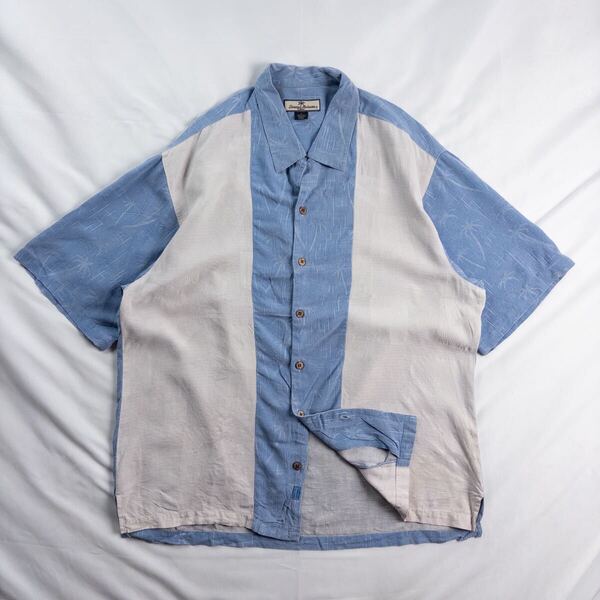 US Vintage 90-00s Tommy Bahama シルク 開襟 立体 刺繍 パーム エスニック ブルー ベージュ バイカラー ハワイアン アロハ 総柄シャツ