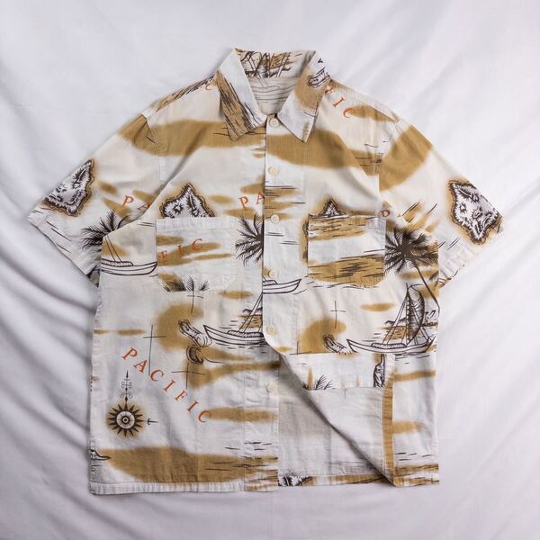 US Vintage 90s Unknownコットン ビーチ ヤシ ヨット アイランド ボタニカル エスニック トライバル アート ハワイアン アロハ 総柄シャツ