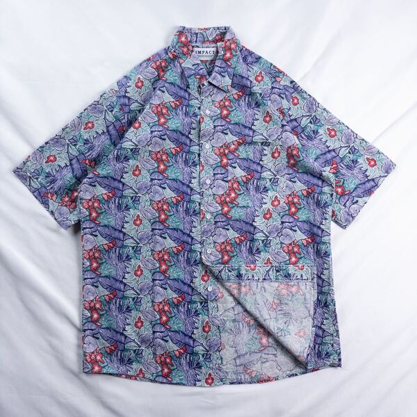 US Vintage 90s IMPACT コットン 好配色 リーフ 点描 アート リーフ ハイビスカス ボタニカル エスニック ハワイアン アロハ 総柄シャツ
