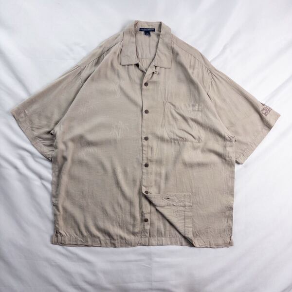 US Vintage 90s PORT AUTHORITY レーヨン 開襟 オープンカラー 企業 ロゴ 光沢 刺繍 立体 ヤシ パーム ベージュ ハワイアン アロハシャツ