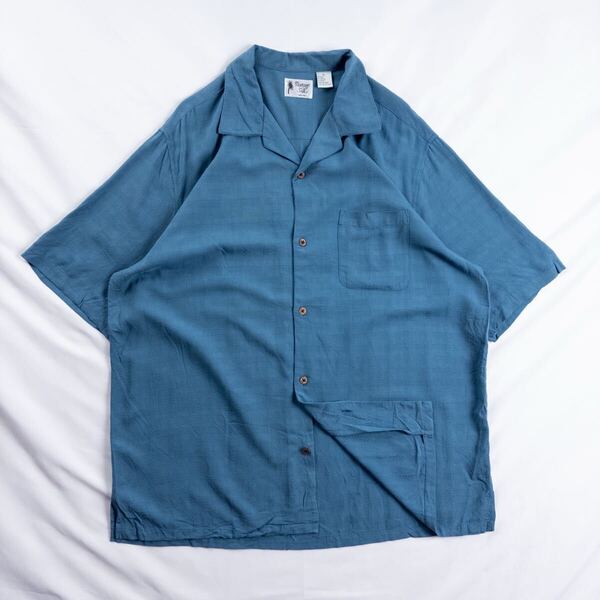US Vintage 90-00s Vintage Silk シルク レーヨン 開襟 オープンカラー 光沢 刺繍 格子 ジャカード ブルー 総柄 ハワイアン アロハシャツ