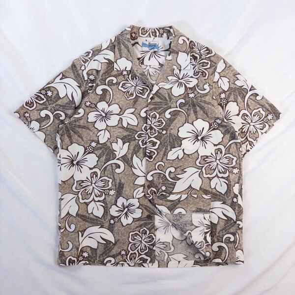 US Vintage ハワイ製 90s Hawaiian Shirt コットン 開襟 ムラ染め ハイビスカス バンブー ボタニカル 民族 総柄 ハワイアン アロハシャツ