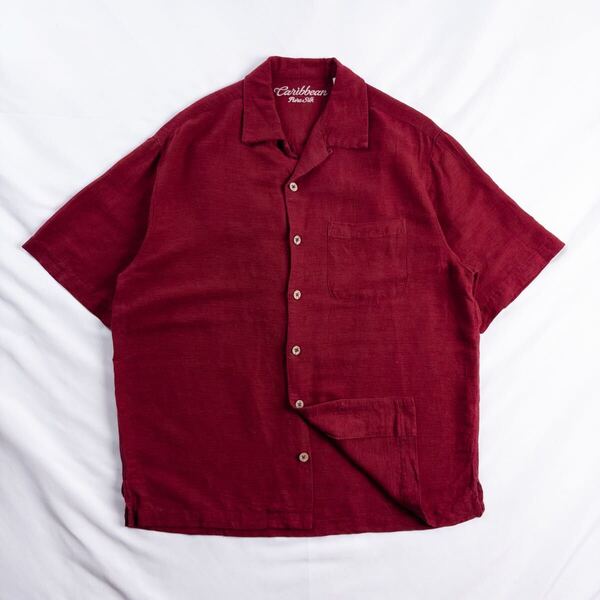 US Vintage 00s Caribbean シルク100% 開襟 オープンカラー 立体 刺繍 ジャカード ココナッツボタン 単色 プレーン レッド 赤 アロハシャツ