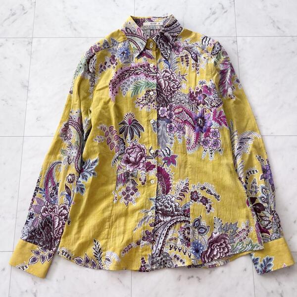 ETRO エトロ ペイズリー柄 シャツ ブラウス 44 イタリア製 美品 Lサイズ マスタードイエロー