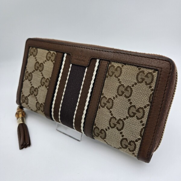 GUCCI グッチ ラウンドファスナー 長財布 財布 GGキャンバス レザー ライン バンブー