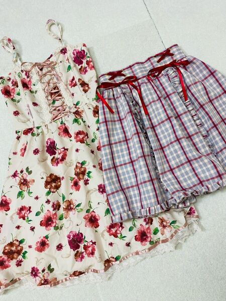 axes femme kawaii 2点セット 未使用タグ付きあり アクシーズファム カワイイ 花柄 ピンク レースアップ ワンピース スカート チェック