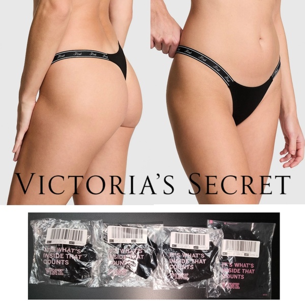 Victoria's Secret ヴィクトリア シークレット PINK ロゴ コットン ハイレグ マイクロ ソング Tバック ショーツ ピュア ブラック