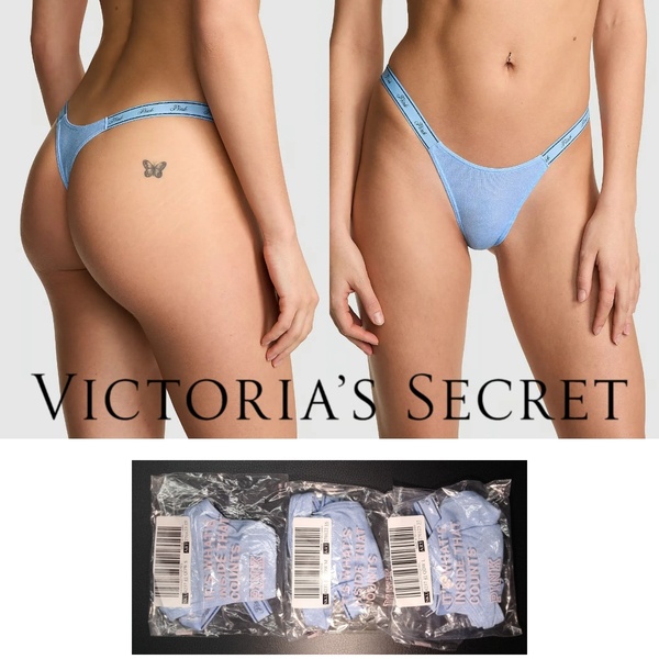 Victoria's Secret ヴィクトリア シークレット PINK ロゴ コットン マイクロ ソング Tバック ショーツ ライトブルー デニム ウォッシュ