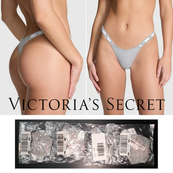 Victoria's Secret ヴィクトリアシークレット PINK ロゴ コットン マイクロ ソング Tバック ショーツ ミディアム ヘザーグレー