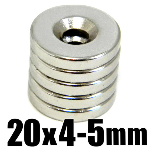 ◆ 穴あき 丸形 マグネット ◆ ネオジム 超強力 磁石 ◆ 直径20mm x 厚み4mm(ネジ穴 5mm)【5個セット】