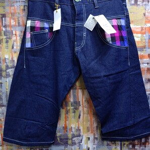 新品/送料込★BRTH BREATH(UP START)ストレッチデニムハーフパンツ ロールアップチェック柄/L表示(w実寸~82)/濃インディゴ+別布柄/定価4900