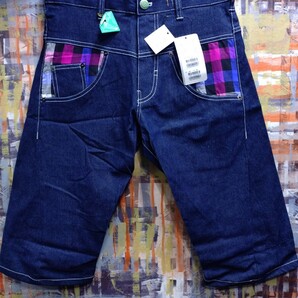 新品/送料込☆BRTH BREATH(UP START)ストレッチデニムハーフパンツ ロールアップチェック柄/M表示(w実寸~78)/濃インディゴ+別布柄/定価4900