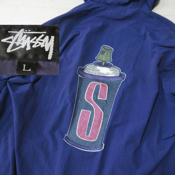 ★即決送込★レア色ナス紺 80s USA製 STUSSY old oldstussy オールド ステューシー スプレー缶 ナイロンジャケット パーカー フード コート