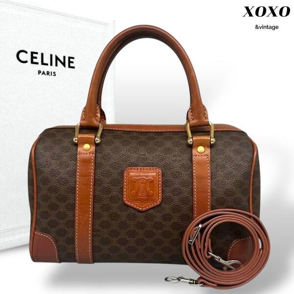 お買い得 セリーヌ マカダム ハンドバッグ ブラウン 2way PVC Celine ミニボストン ショルダーバッグ