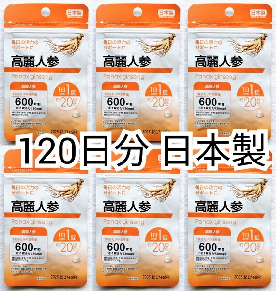 匿名配送 高麗人参(朝鮮人参)×6袋計120日分(4ヶ月分)120錠(120粒) 日本製無添加サプリメント(サプリ)健康食品 神秘の健康力ではありません