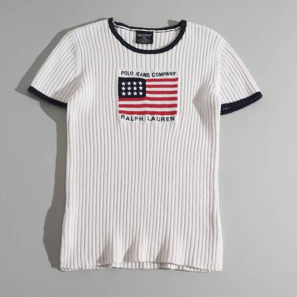 ラルフローレン Ralph Lauren 正規品 サマーニット リブニット 半袖 星条旗柄 ホワイト レディース 美品