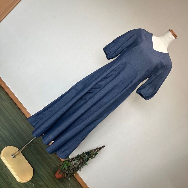8-7新品 marvelous by Pierrot Vネックデニムワンピース半袖バルーンスリーブロングフレアスカート インディゴブルー 9号 M PM
