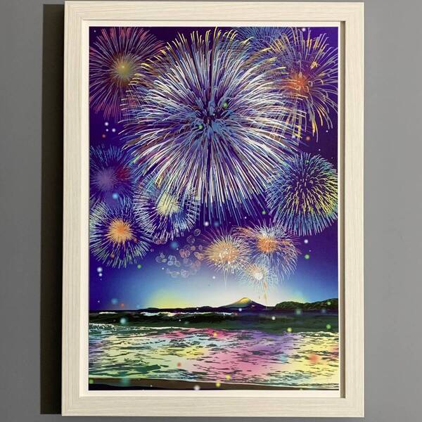 ■鈴木英人■「THE BLOOMING TIDE 2014」/A4額装品/富士山/花火/貴重イラスト/印刷物/インテリア G3087