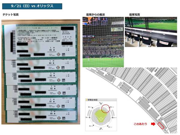 ⑥9/21(日)2連番チケット ソフトバンクvs楽天 福岡トヨタホームランテラス席(PayPayドーム1塁側)