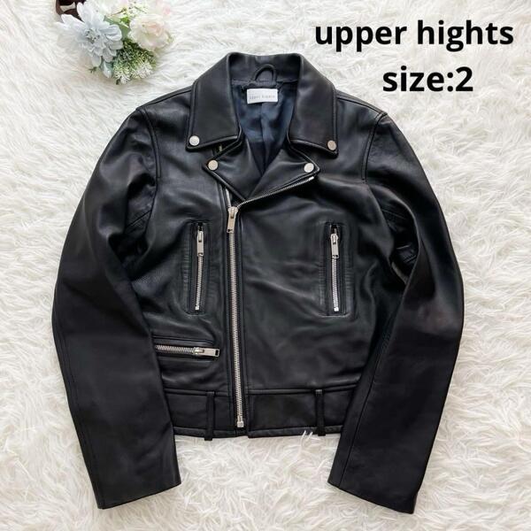 極美品 upper hight アッパーハイツ ダブルライダースジャケット レザージャケット 黒 ブラック 2 羊革 ラムレザー L相当 ロゴ刻印入り