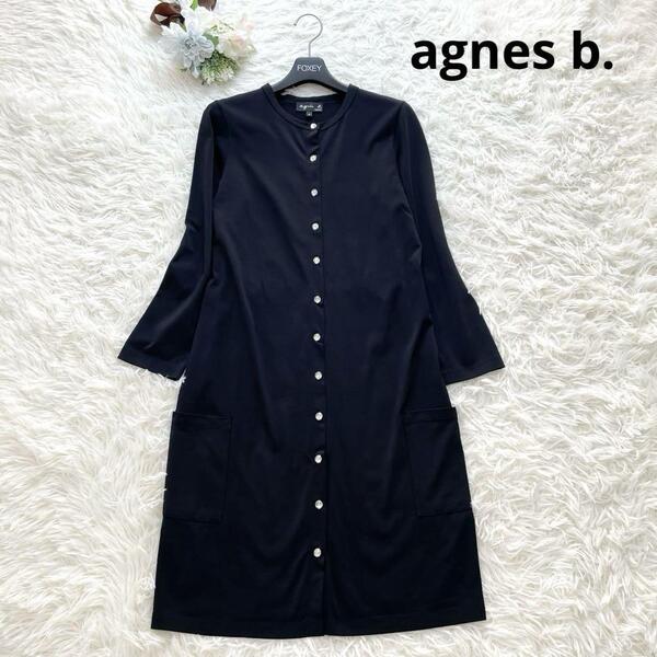 美品 agnes b. アニエスベー ロングカーディガンプレッション 黒 ブラック ワンピース M相当 七分袖 羽織 2way 近年モデル 現行品