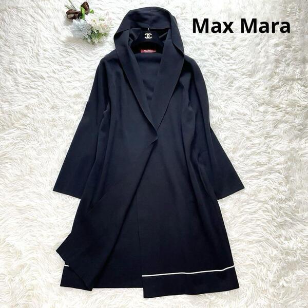 極美品 Max Mara マックスマーラ ロングコート 黒 L 大きいサイズ フード付 バイカラー 近年モデル 現行タグ 美シルエット 長袖 フォーマル