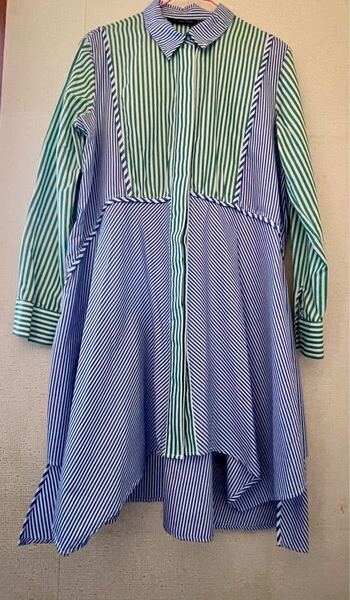美品★ZARA ザラ 長袖 ロングシャツワンピース ブルー&グリーン 切り替え ストライプ チェック