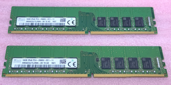 #SK hynix HMA82GU7CJR8N-VK 2枚セット *PC4-21300/DDR4-2666/PC4-2666V ECC Unbuffered 288Pin DDR4 UDIMM 32GB(16GB x2) 動作品