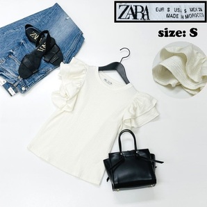 ZARA /S/ ホワイト フリル半袖Tシャツ トップス レディース カジュアル 通勤 大人可愛い生地コットン混 ストレッチ ガーリー デイリー ザラ