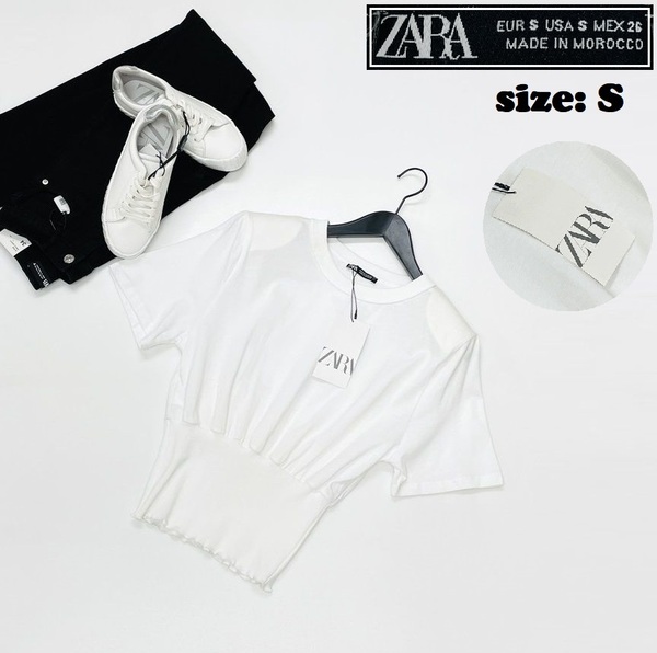 ZARA /S/ ホワイト 半袖Tシャツ ショルダーパッド レディース タグ付き カジュアル トップス通勤大人可愛いデイリー生地コットン 春夏 ザラ