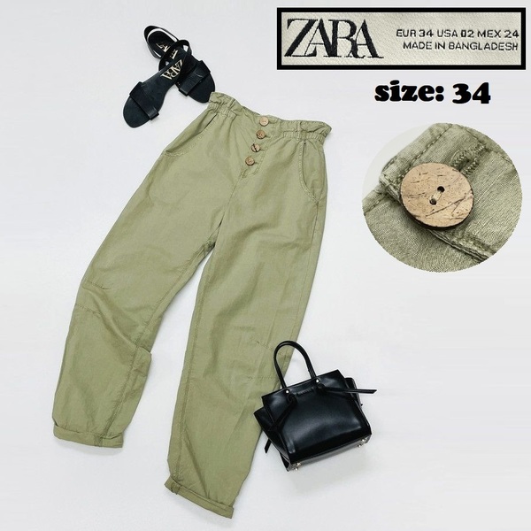 ZARA /34/ グリーン バギーペーパーバッグパンツ レディース カジュアル アウトドア キャンプ 大人可愛いボタン コットンリネン生地 ザラ