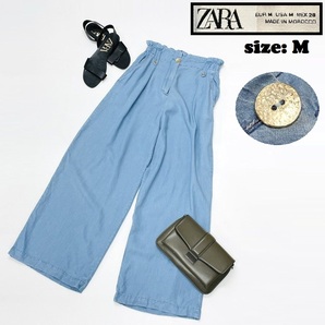 ZARA /M/ ブルー ライトデニム ワイドパンツ ジーンズ レディース カジュアル アウトドア キャンプ 通勤 フェミニン 大人可愛い生地 ザラ