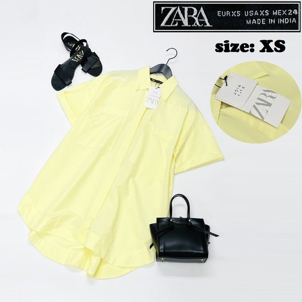 ZARA【XS】ライトイエロー ロングシャツ 半袖トップス レディース タグ付き カジュアル 通勤 フェミニン 大人可愛い生地コットン 春夏 ザラ
