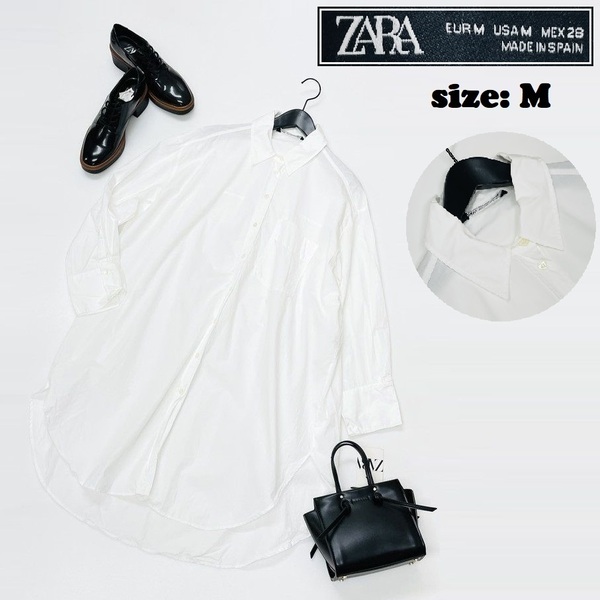 ZARA【M】ホワイト シャツワンピース 長袖ロングドレス レディース カジュアル 通勤 フェミニン 大人可愛い生地コットン旅行セクシー ザラ