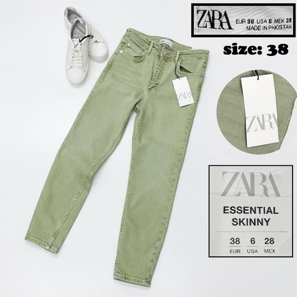 ZARA /38/ グリーン スキニーデニムパンツ ジーンズ タグ付き 通勤 大人可愛い生地 コットン混ストレッチ アウトドアキャンプ バイク ザラ