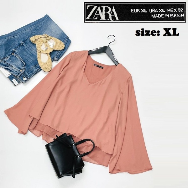ZARA /XL/ ピンク系 長袖フレアブラウス トップス レディース カジュアル通勤 大人可愛いVネック生地 ブラックタグ ガーリー デイリー ザラ