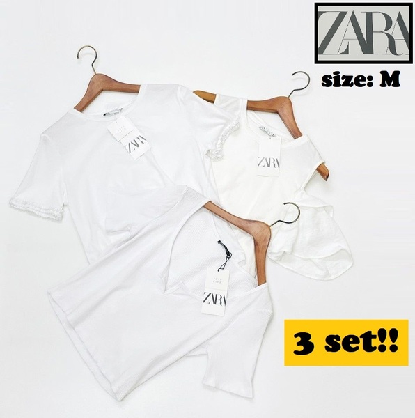 3セットまとめ売り ZARA【M】ホワイト 半袖Tシャツ フリルカットソー トップスレディースタグ付きカジュアル大人可愛い生地コットン混 ザラ