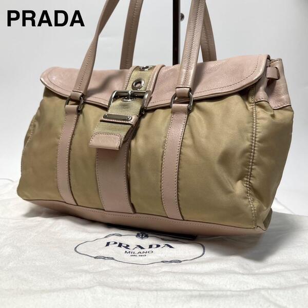 r41【美品】保存袋付 プラダ PRADA 三角ロゴ ナイロン レザー ハンドバッグ 肩掛け トートバッグ ワンショルダー
