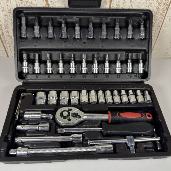 ソケットレンチ46点セット 工具 DIY メンテナンス ドライバー 整備 バイク 車 家具 家電 修理 六角 軽量 コンパクト 黒
