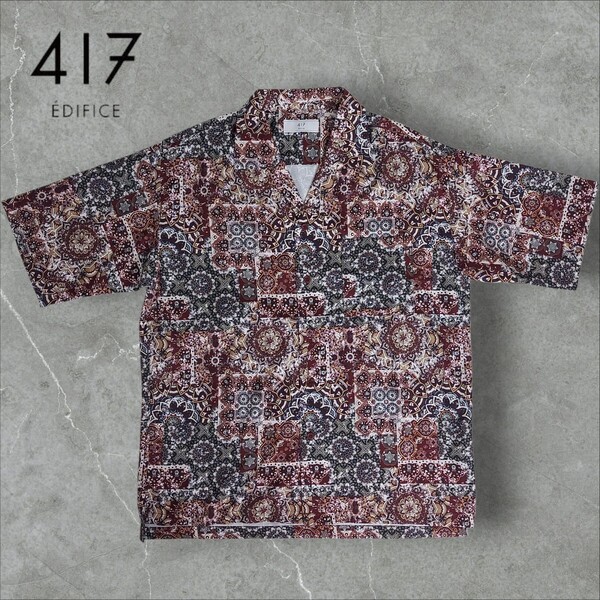 【極美品/冷却素材】417 EDIFICE エディフィス 総柄 半袖 オープンカラーシャツ/L 幾何学模様 アロハ シャツ