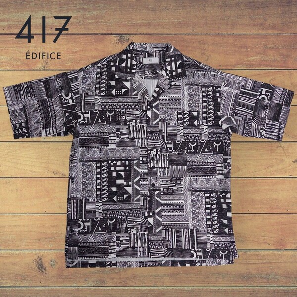【極美品/冷却素材】417 EDIFICE エディフィス 総柄 半袖 ポケット付き オープンカラーシャツ/L アロハ シャツ
