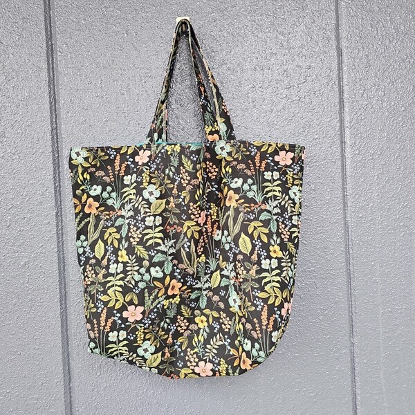 送料無料 ハンドメイド USAコットン 綿麻キャンバス COTTON+STEEL ライフルペーパー 黒ブラック お花 エコバッグ 布カバン トート 大容量