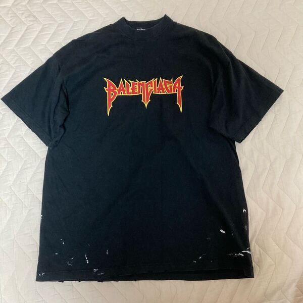 BALENCIAGA バレンシアガ メタルロゴ プリント Tシャツ ブラック 黒 コットン 綿 2022SS METAL LOGO CRASHED SS TEE ダメージ加工