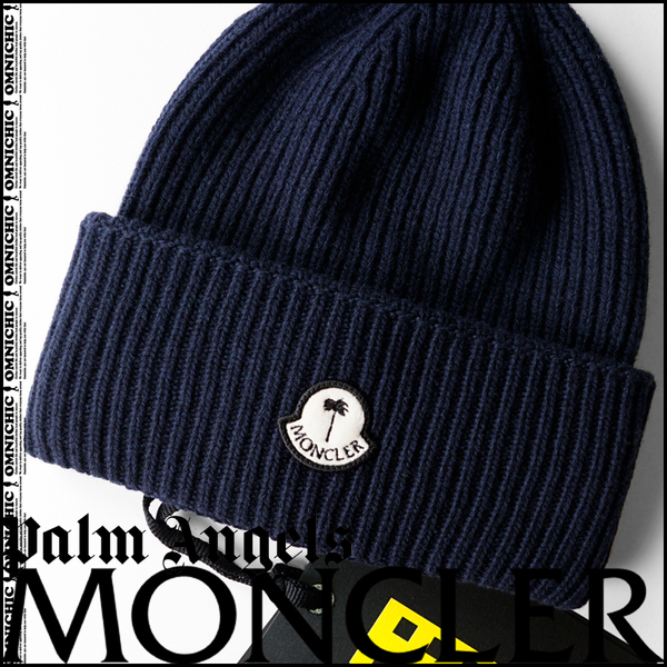 23-24AW■安心の国内正規品/新品47,300円【MONCLER GENIUS PALM ANGELS】モンクレールパームエンジェルスロゴウールリブニットキャップ/紺