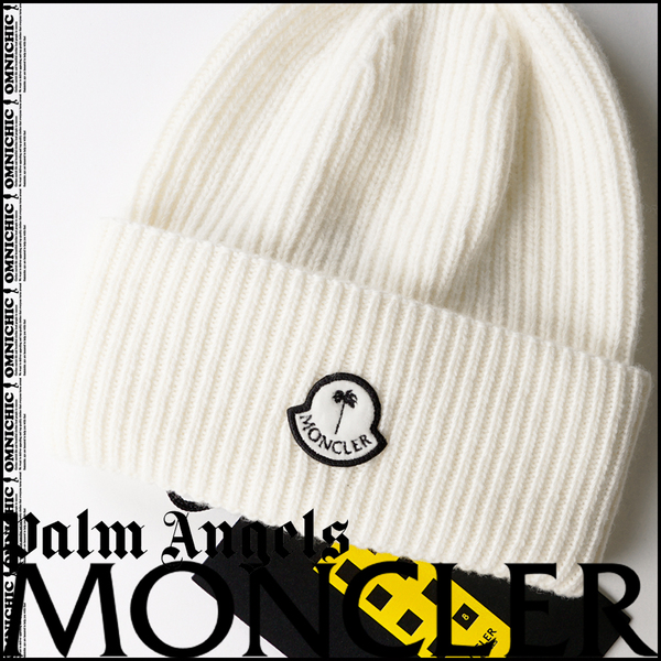 23-24AW■安心の国内正規品/新品47,300円【MONCLER GENIUS PALM ANGELS】モンクレールパームエンジェルスロゴウールリブニットキャップ/白
