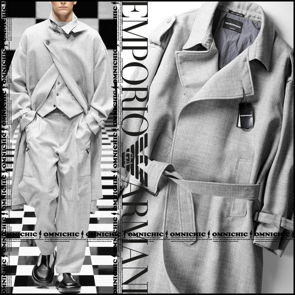 伊製コレクションモデル■新品24万秋冬【EMPORIO ARMANI】ドレープ感纏うベルテッド1Bソリッドウールトレンチコート48エンポリオアルマーニ