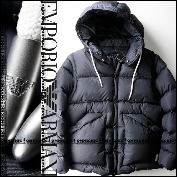 2WAYダウンベストにも変身■新品【EMPORIO ARMANI】エンポリオアルマーニ23-24秋冬ネイビーダウンジャケット48/フード脱着可/エンポリオ