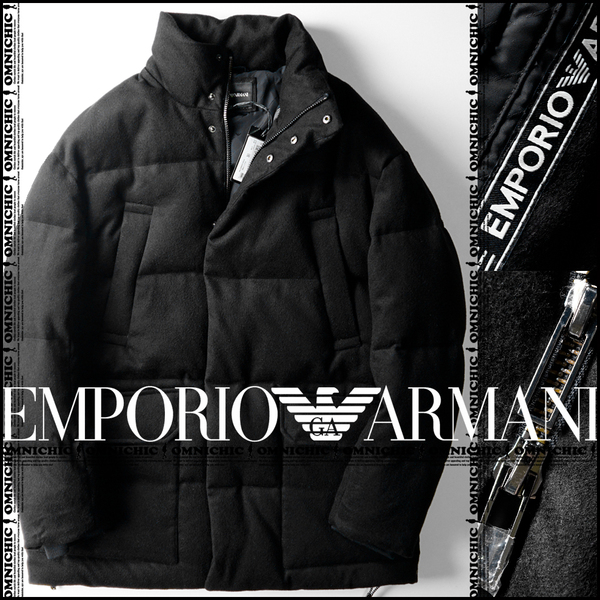 高級感溢れるカシミヤ混ウール■新品正規138,000円【EMPORIO ARMANI】エンポリオアルマーニブラックミドルダウンジャケットコート52/XL