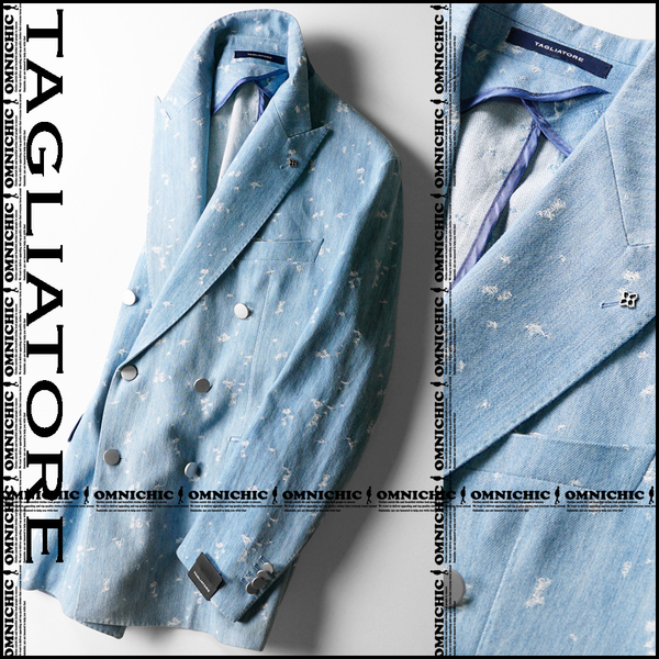 激レアデニム生地■新品24春夏【TAGLIATORE】タリアトーレ色気漂うアイスブルー極上ライトインディゴダブル6Bテーラードジャケット48/M